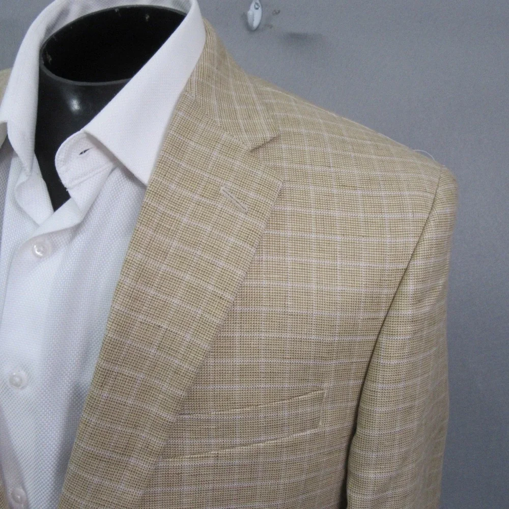 Jos A Bank Mens Sport Coat 43L Tan Windowpane‎ Check Linen Cotton Blazer